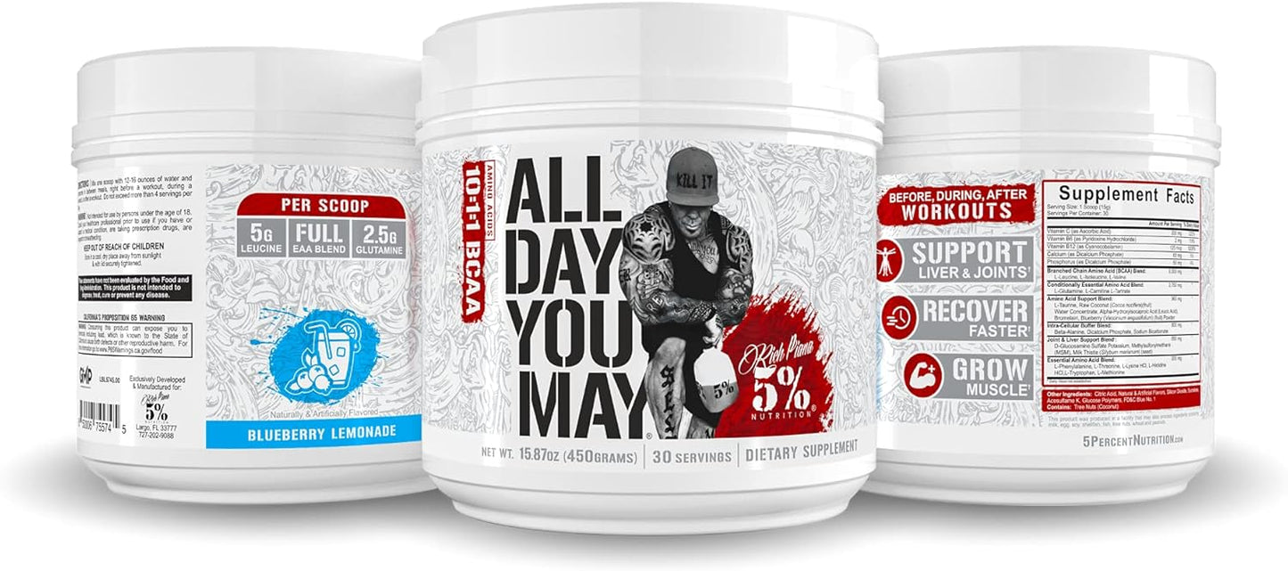 5% Nutrition Rich Piana AllDayYouMay BCAA Powder - Blueberry Lemonade Flavor - Boosts Hydration, Endurance, Muscle Recovery - 15.9 oz, 30 Servings