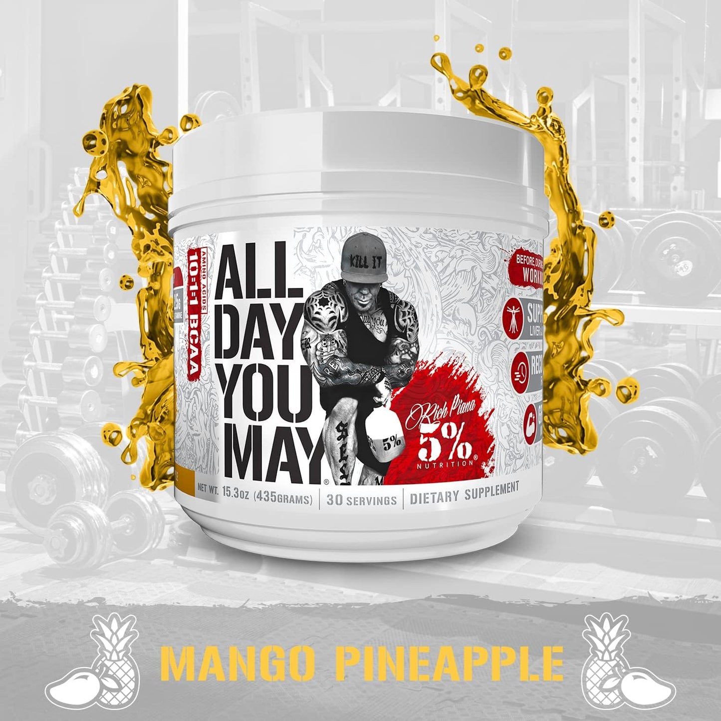 5% Nutrition Rich Piana AllDayYouMay BCAA Powder - Mango Pineapple Flavor - 15.3 oz, 30 Servings - Premium Amino Acids for Workout Recovery & Hydration