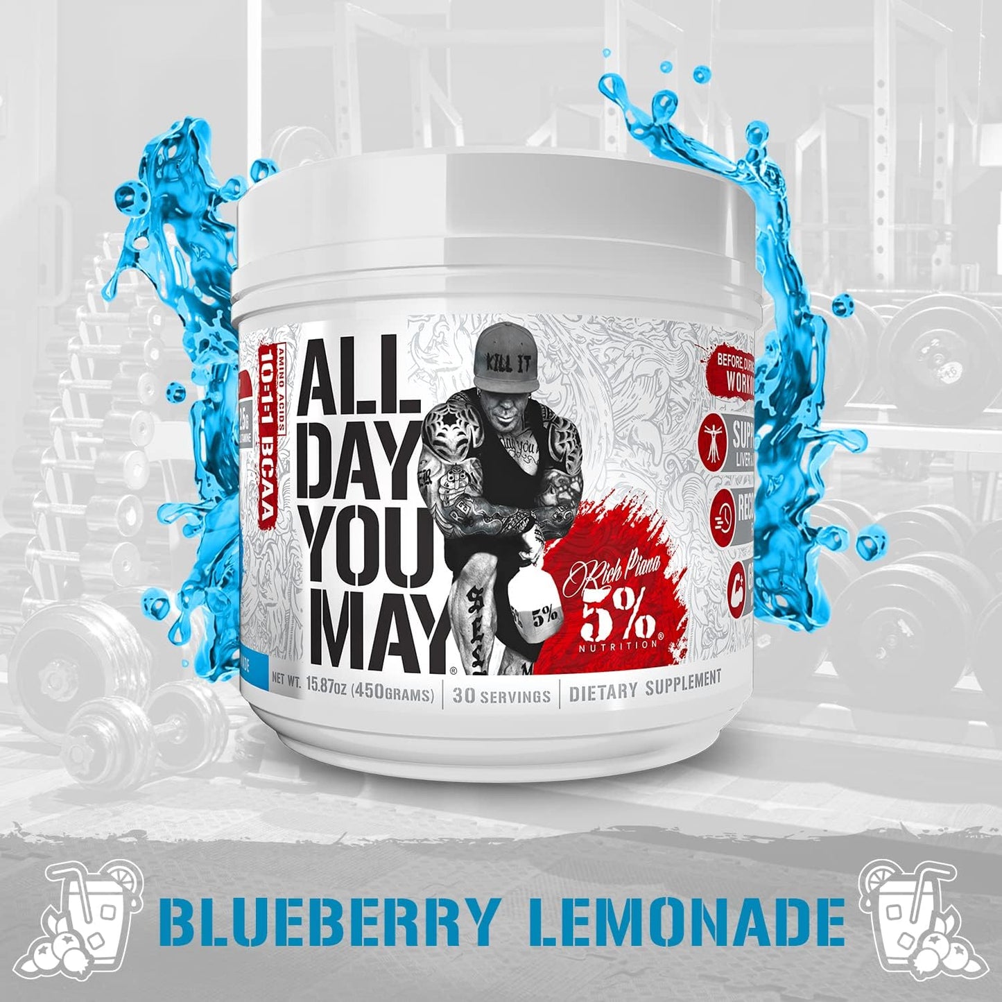 5% Nutrition Rich Piana AllDayYouMay BCAA Powder - Blueberry Lemonade Flavor - Boosts Hydration, Endurance, Muscle Recovery - 15.9 oz, 30 Servings