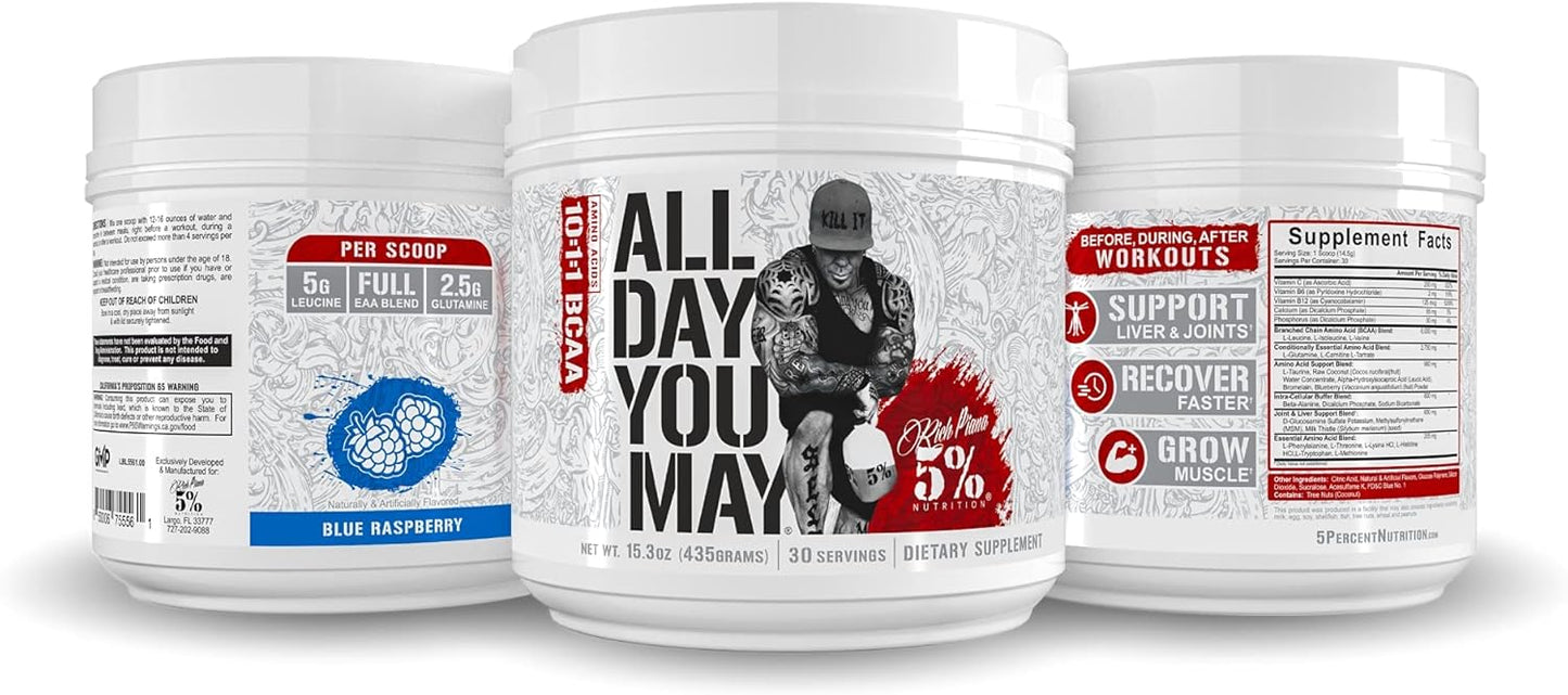 5% Nutrition Rich Piana AllDayYouMay BCAA Powder - Blue Raspberry Flavor - 16.4 oz - 30 Servings - Intra & Post Workout Amino Acids for Hydration, Endurance, Muscle Recovery & Joint Support