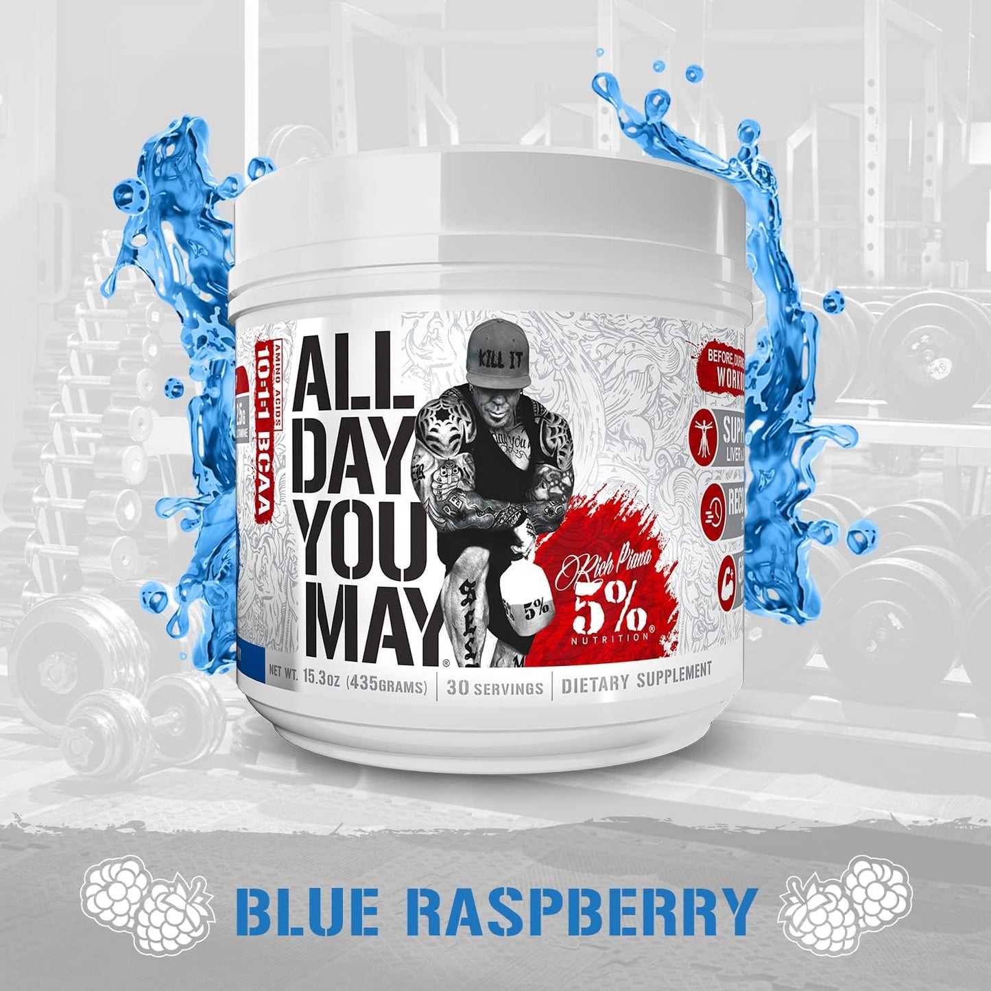 5% Nutrition Rich Piana AllDayYouMay BCAA Powder - Blue Raspberry Flavor - 16.4 oz - 30 Servings - Intra & Post Workout Amino Acids for Hydration, Endurance, Muscle Recovery & Joint Support