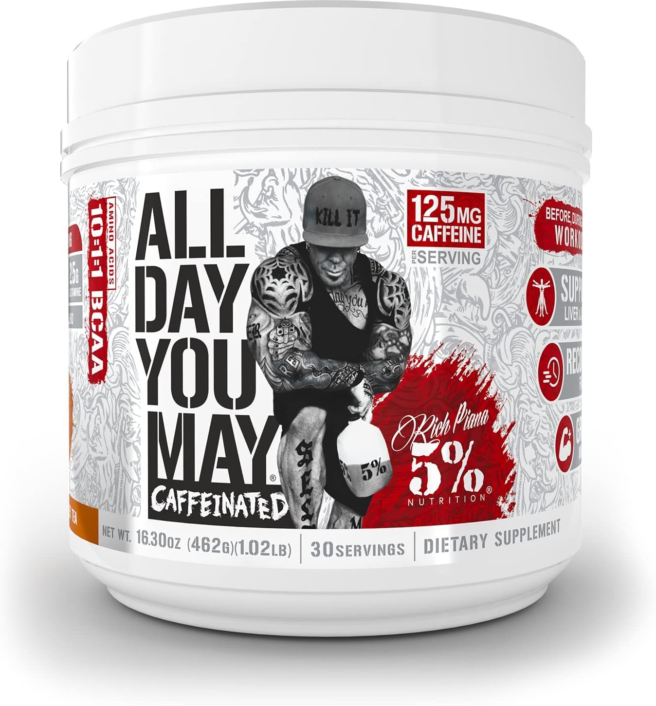5% Nutrition Rich Piana AllDayYouMay Caffeinated BCAA Energy Powder - Southern Sweet Tea Flavor - 16.3 oz, 30 Servings - Pre Workout Amino Energy with Electrolytes