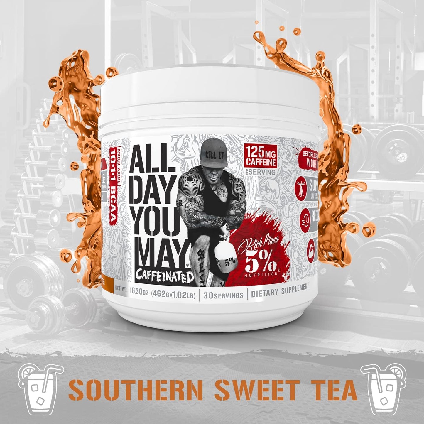 5% Nutrition Rich Piana AllDayYouMay Caffeinated BCAA Energy Powder - Southern Sweet Tea Flavor - 16.3 oz, 30 Servings - Pre Workout Amino Energy with Electrolytes