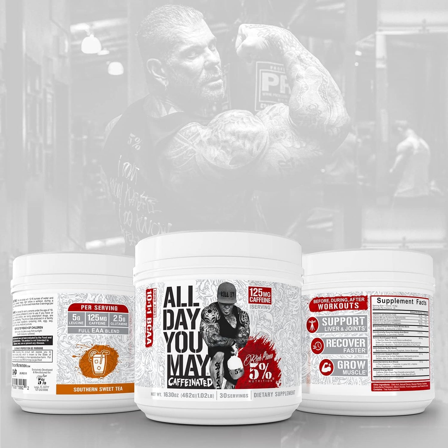 5% Nutrition Rich Piana AllDayYouMay Caffeinated BCAA Energy Powder - Southern Sweet Tea Flavor - 16.3 oz, 30 Servings - Pre Workout Amino Energy with Electrolytes