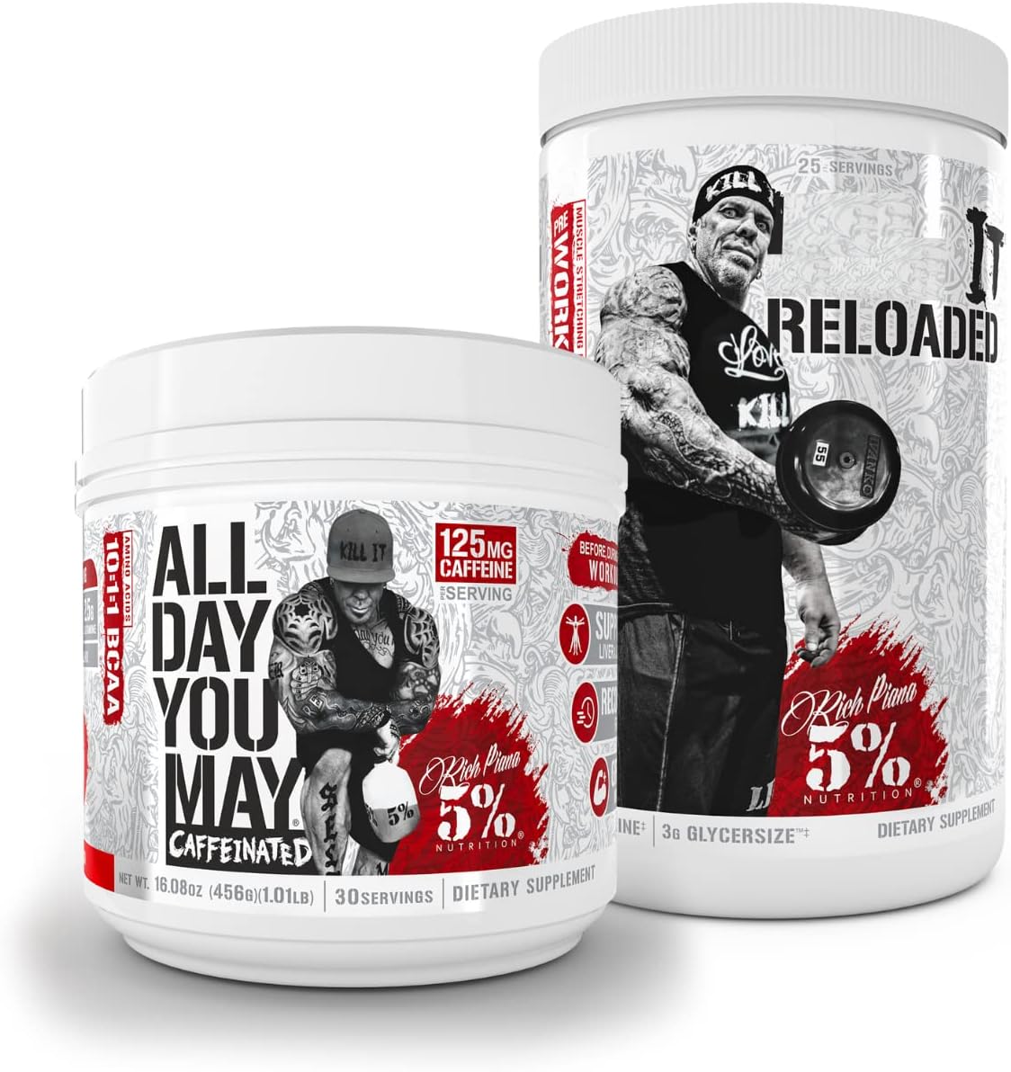 5% Nutrition Rich Piana Bundle - AllDayYouMay Caffeinated BCAA Powder & Kill It Reloaded High-Stim Pre-Workout (Fruit Punch)