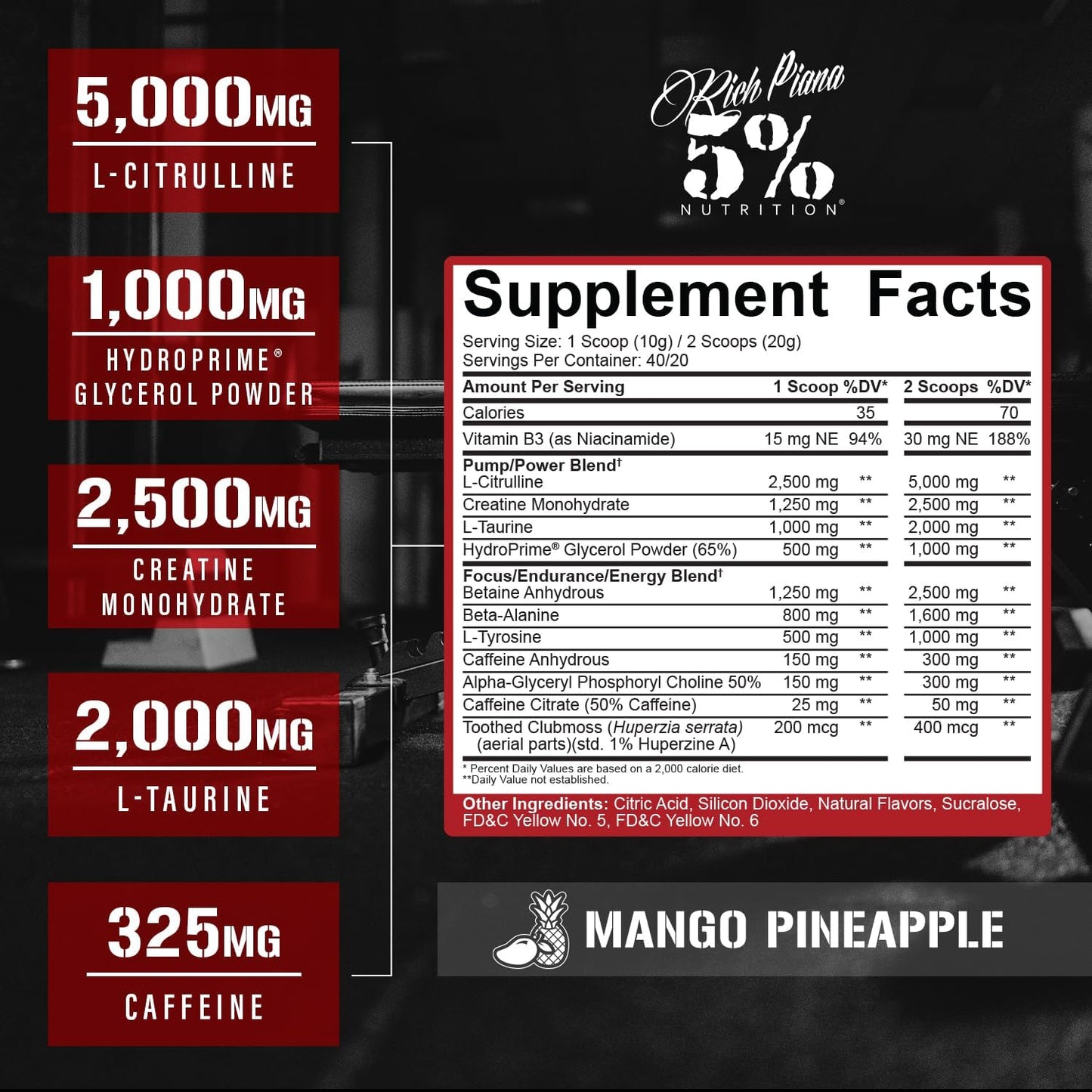5% Nutrition Rich Piana Kill It Pre Workout Powder with Creatine, Caffeine, Beta Alanine, and Hydroprime Glycerol for Pump, Strength, and Endurance - Mango Pineapple Flavor - 14.11 oz, 40 Servings