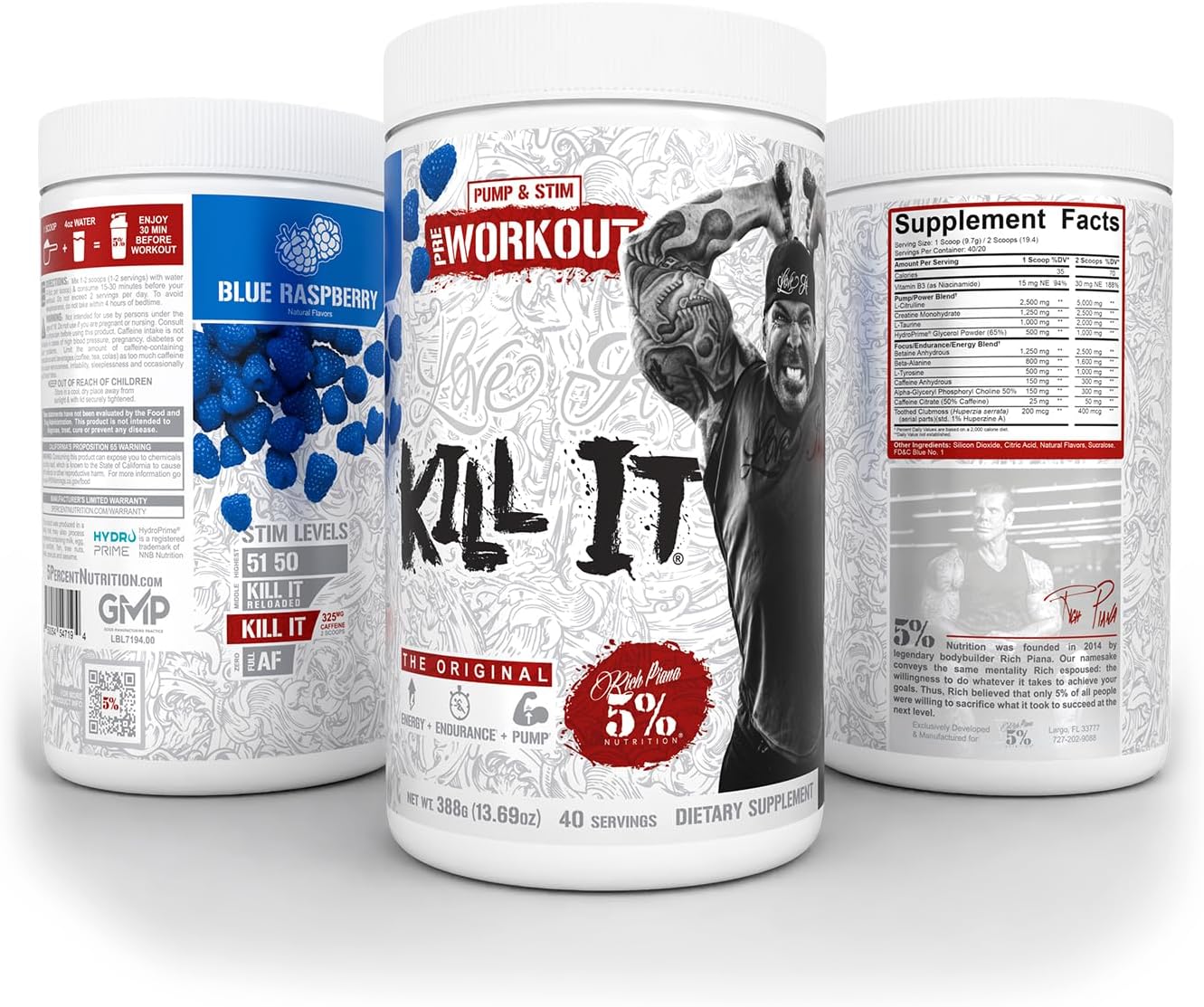 5% Nutrition Rich Piana Kill It Pre Workout Powder - Creatine, Caffeine, Beta Alanine - Blue Raspberry Flavor - 13.69 oz, 40 Servings
