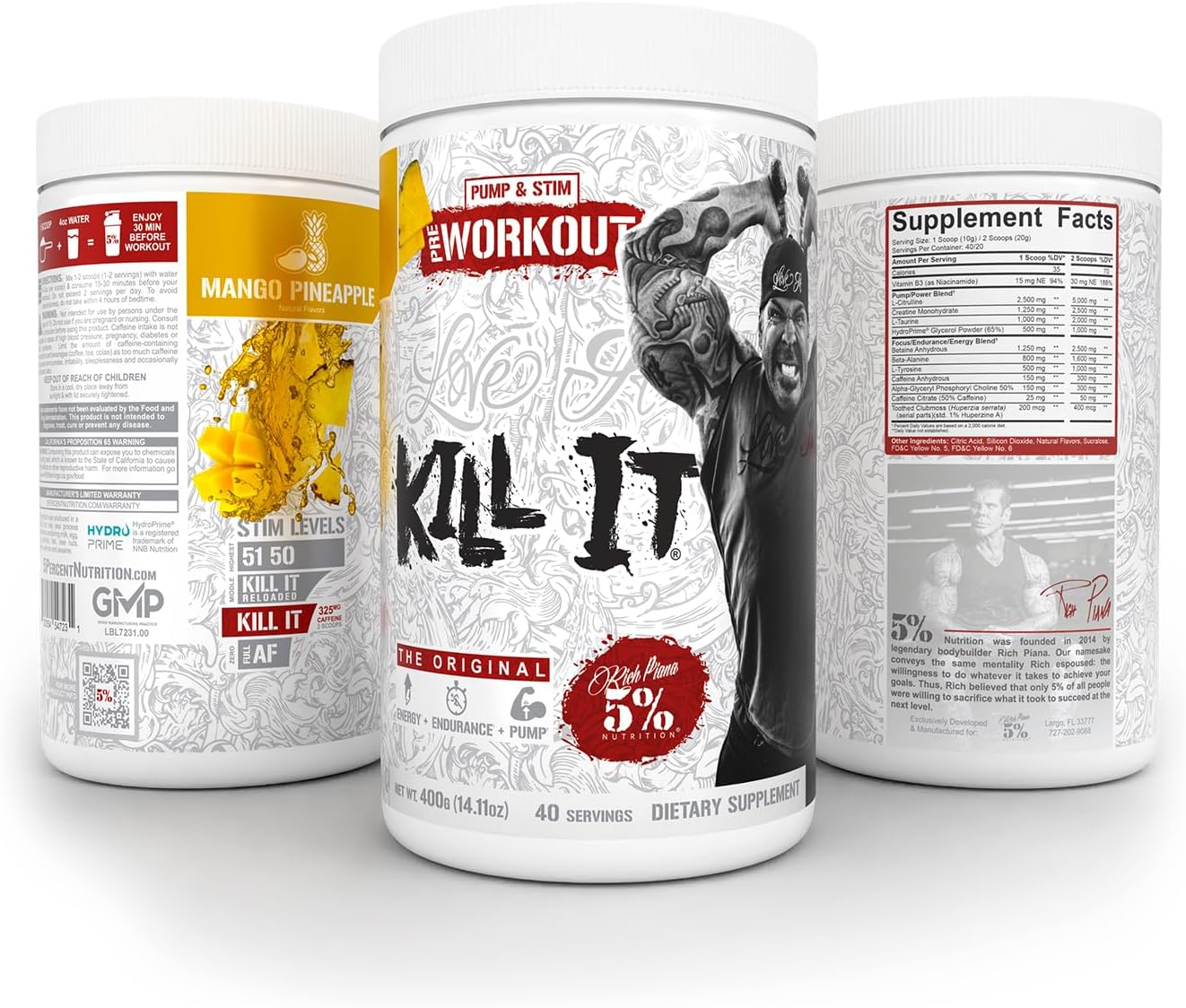 5% Nutrition Rich Piana Kill It Pre Workout Powder with Creatine, Caffeine, Beta Alanine, and Hydroprime Glycerol for Pump, Strength, and Endurance - Mango Pineapple Flavor - 14.11 oz, 40 Servings