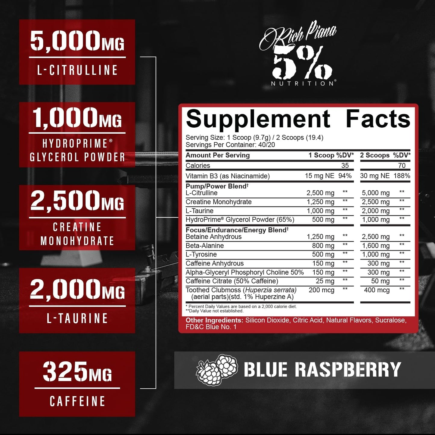 5% Nutrition Rich Piana Kill It Pre Workout Powder - Creatine, Caffeine, Beta Alanine - Blue Raspberry Flavor - 13.69 oz, 40 Servings