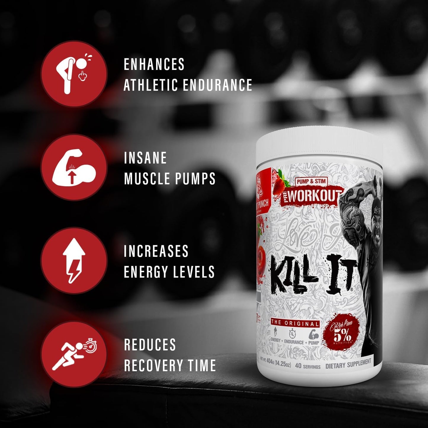 5% Nutrition Rich Piana Kill It Pre Workout Powder - Creatine, Caffeine, Beta Alanine - Blue Raspberry Flavor - 13.69 oz, 40 Servings