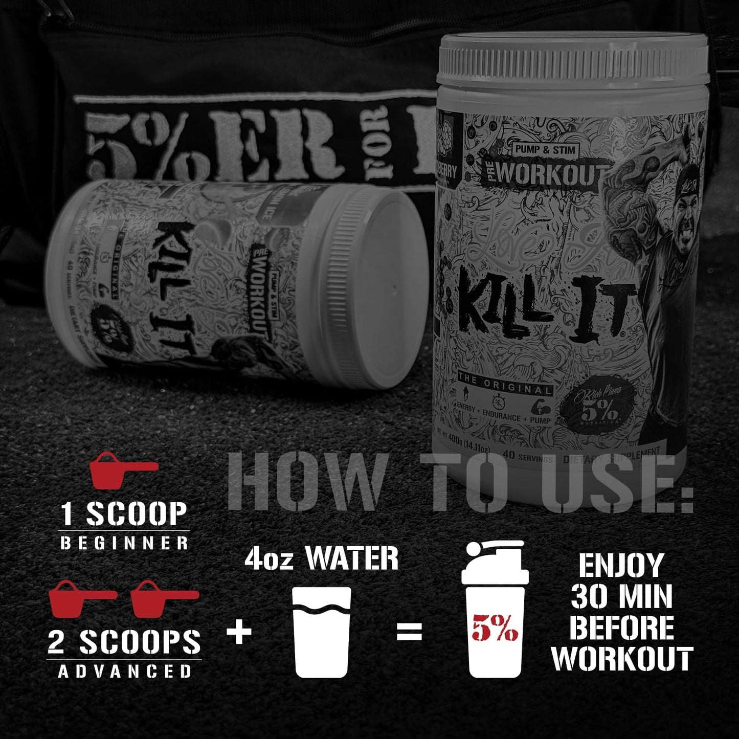 5% Nutrition Rich Piana Kill It Pre Workout Powder - Creatine, Caffeine, Beta Alanine - Blue Raspberry Flavor - 13.69 oz, 40 Servings