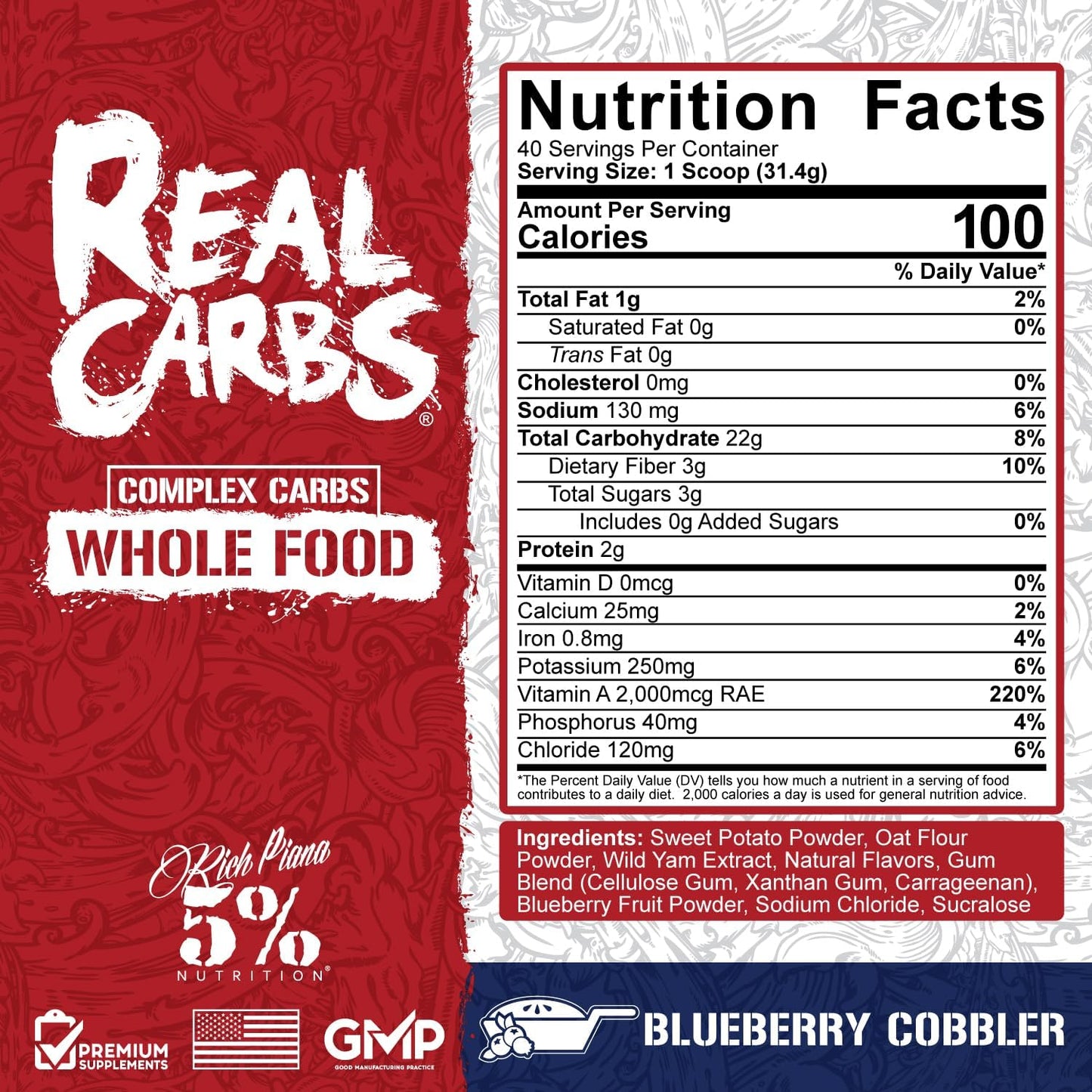5% Nutrition Rich Piana Real Carbs Blueberry Cobbler - Complex Carbohydrates for Pre/Post Workout Energy, 2.8 lb, 40 Servings