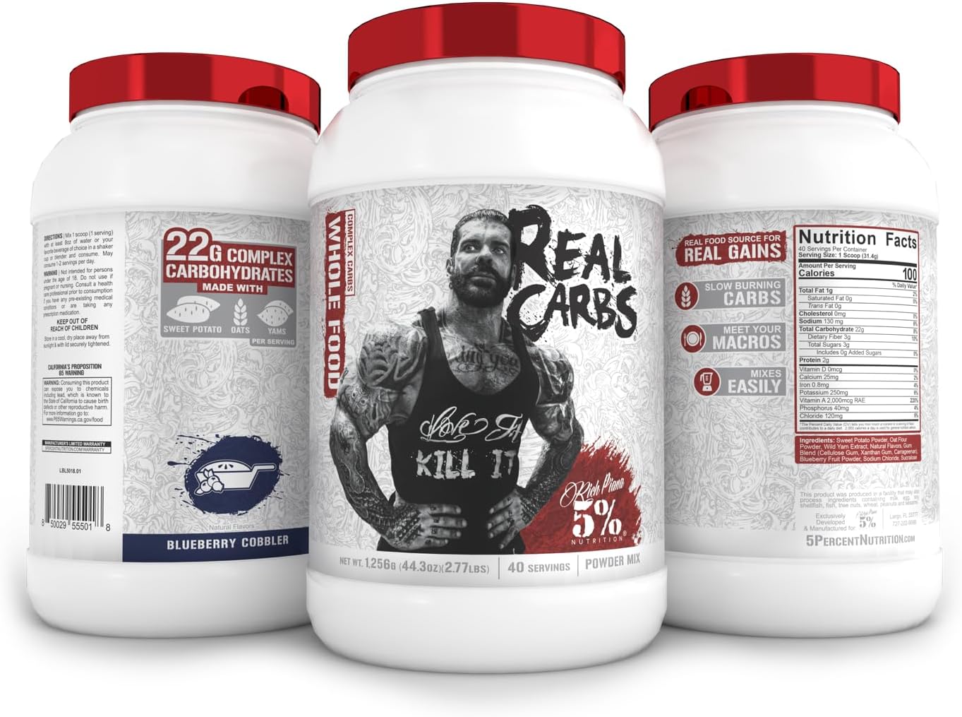 5% Nutrition Rich Piana Real Carbs Blueberry Cobbler - Complex Carbohydrates for Pre/Post Workout Energy, 2.8 lb, 40 Servings