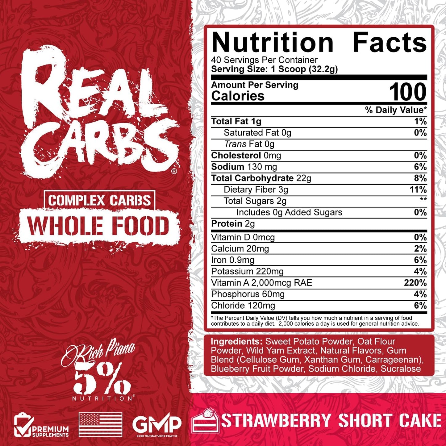 5% Nutrition Rich Piana Real Carbs Complex Carbohydrates Strawberry Shortcake - 2.84 lb, 40 Servings - Low Glycemic Energy for Pre/Post-Workout