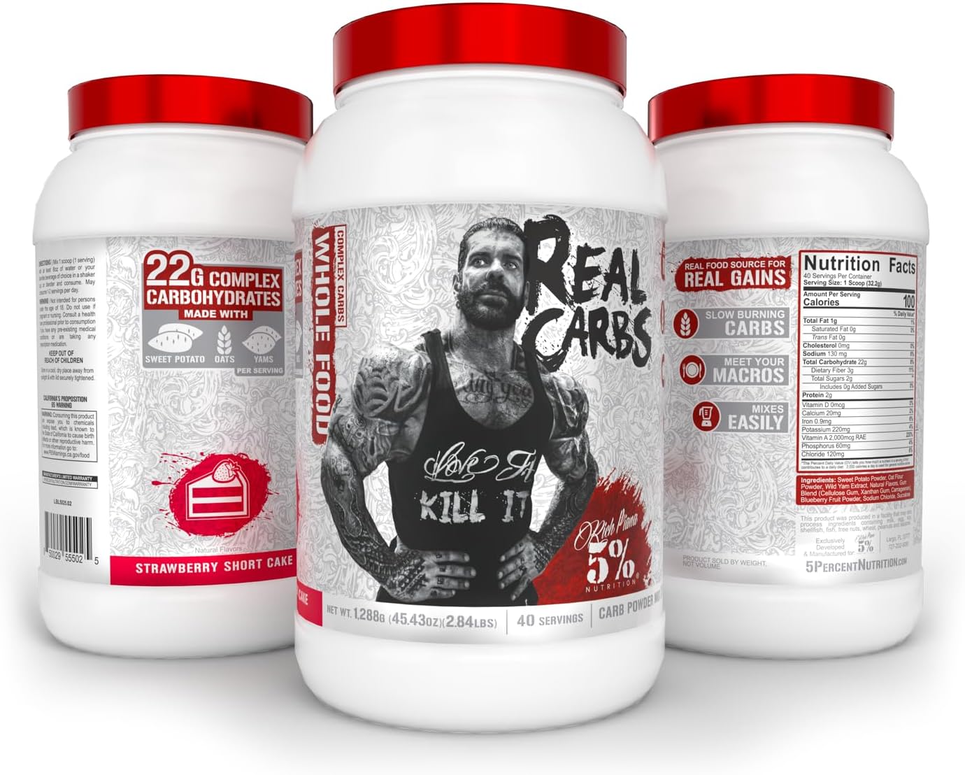 5% Nutrition Rich Piana Real Carbs Complex Carbohydrates Strawberry Shortcake - 2.84 lb, 40 Servings - Low Glycemic Energy for Pre/Post-Workout