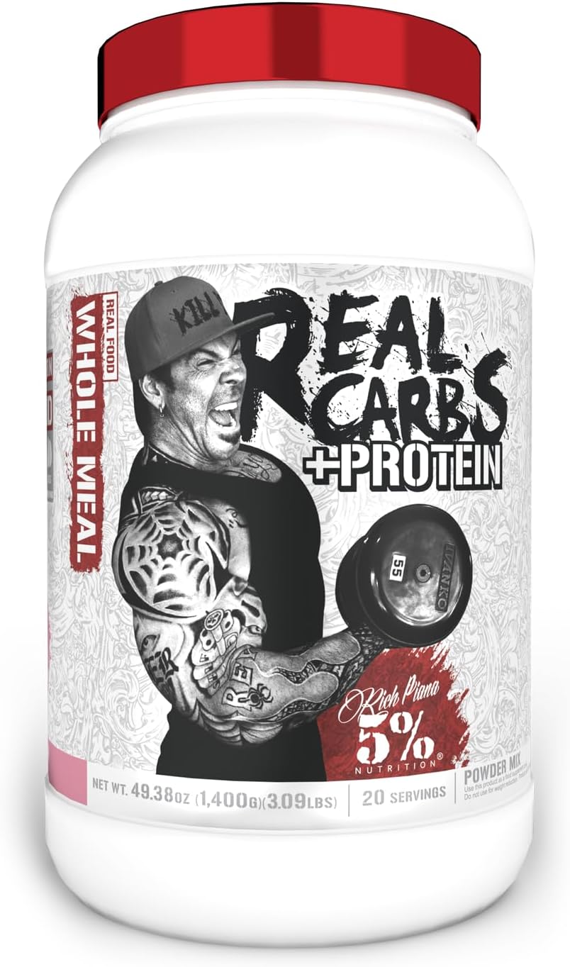 5% Nutrition Rich Piana Real Carbs + Protein Mass Gainer Powder - Birthday Cake + Protein Flavor - 3 lb, 20 Servings