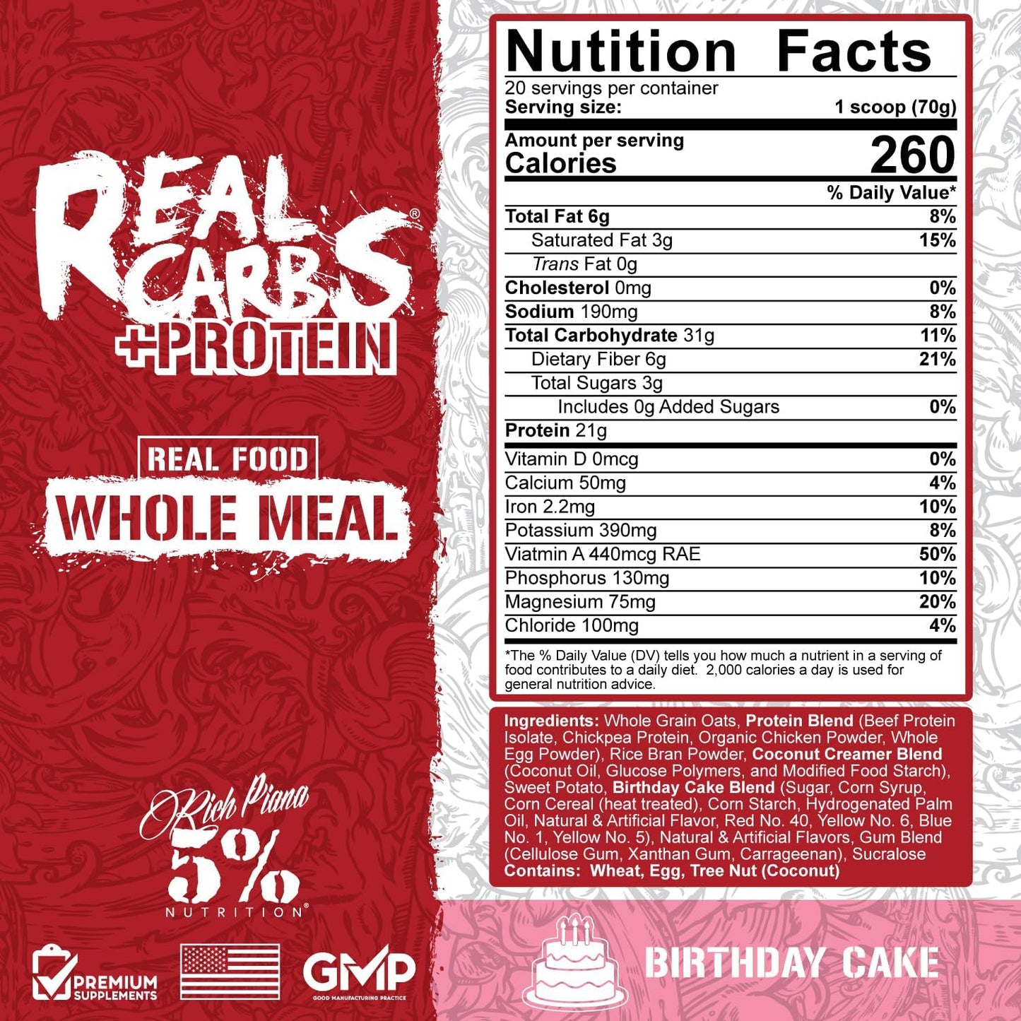 5% Nutrition Rich Piana Real Carbs + Protein Mass Gainer Powder - Birthday Cake + Protein Flavor - 3 lb, 20 Servings