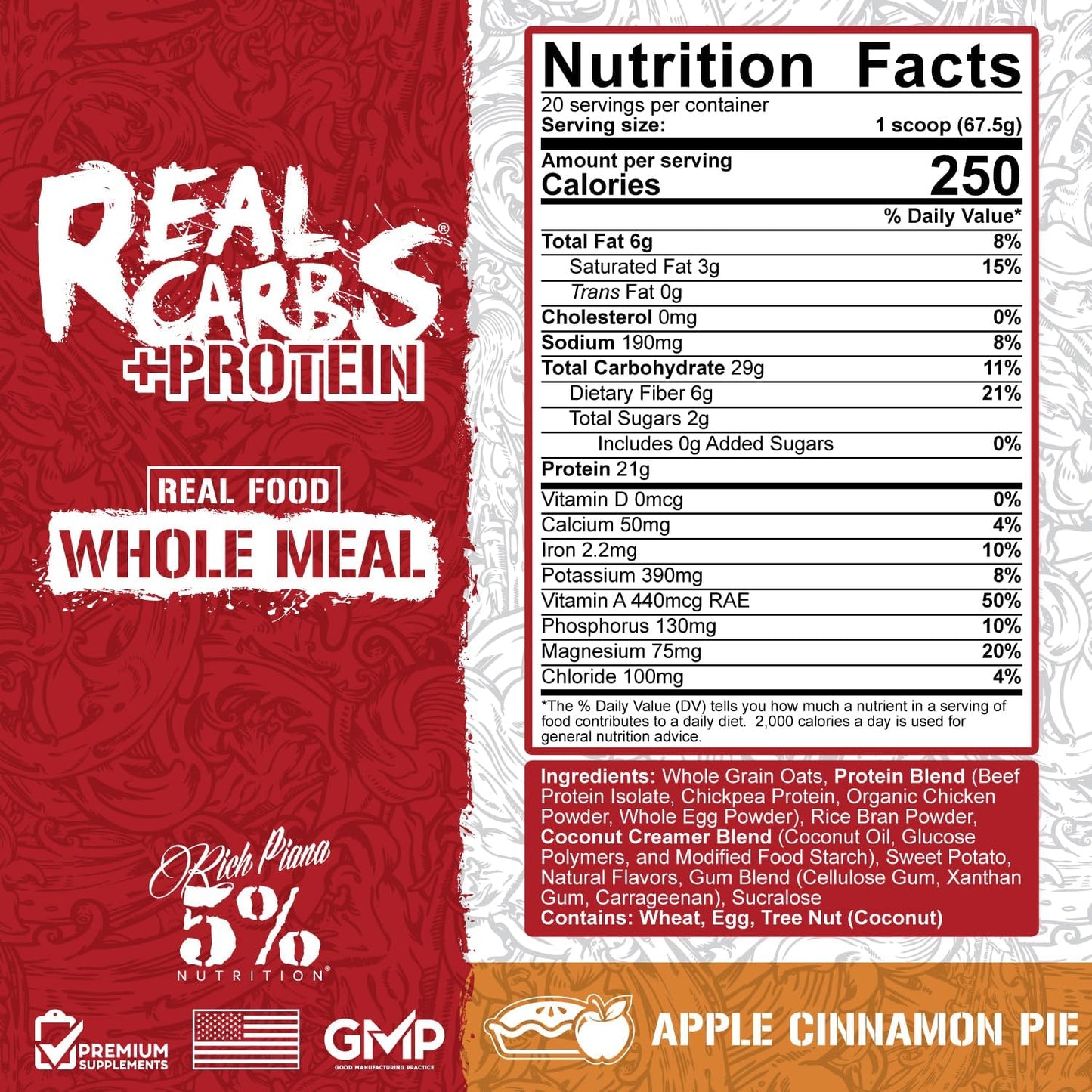 5% Nutrition Rich Piana Real Carbs + Protein Mass Gainer Powder - Apple Cinnamon Pie Flavor - 2.9 lb, 20 Servings