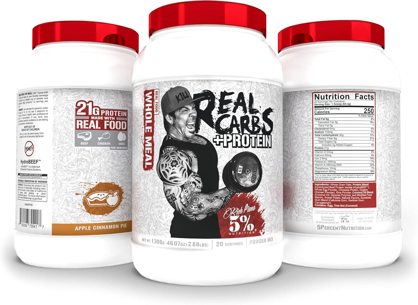 5% Nutrition Rich Piana Real Carbs + Protein Mass Gainer Powder - Apple Cinnamon Pie Flavor - 2.9 lb, 20 Servings