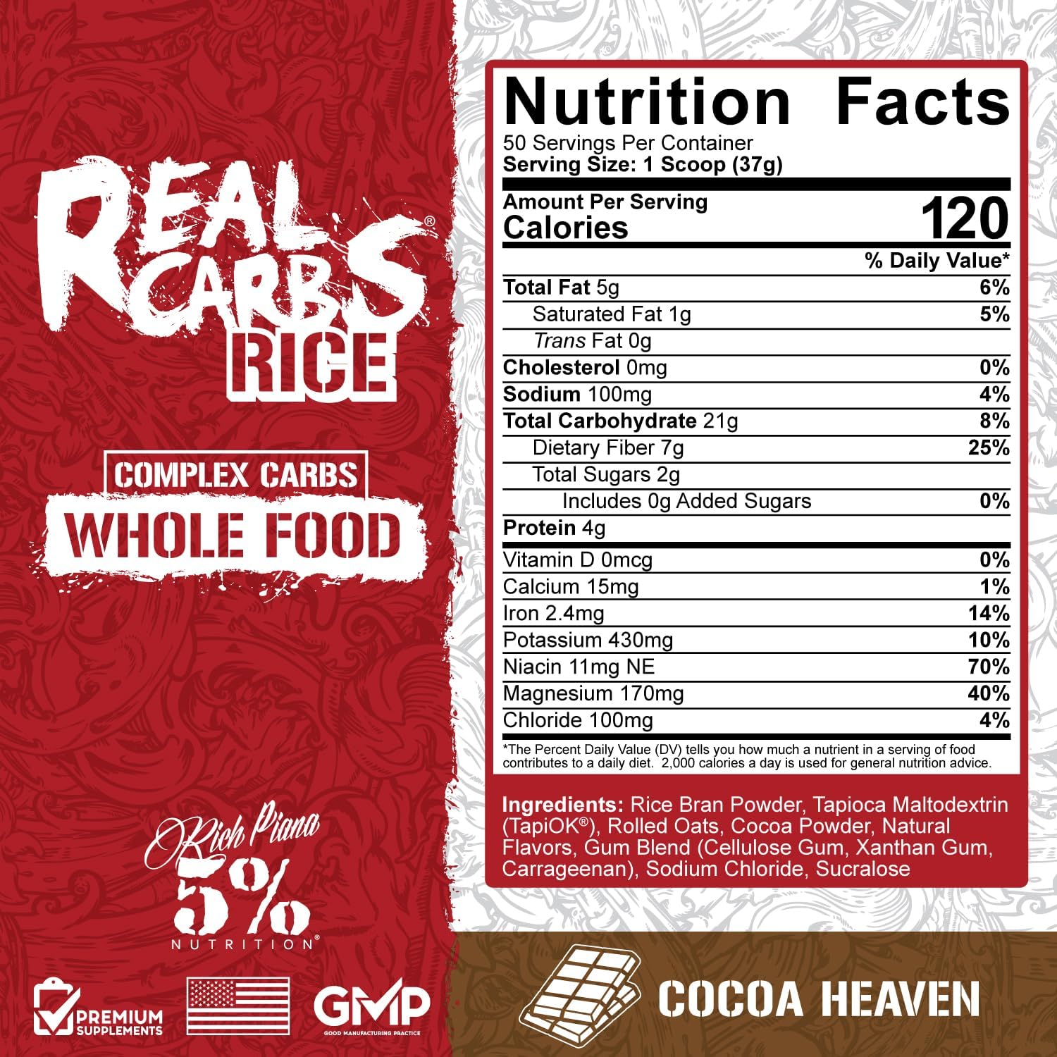 5% Nutrition Rich Piana Real Carbs Rice - Complex Carbohydrates for Sustained Energy, 3.5lb, 40 Servings - Cocoa Flavor
