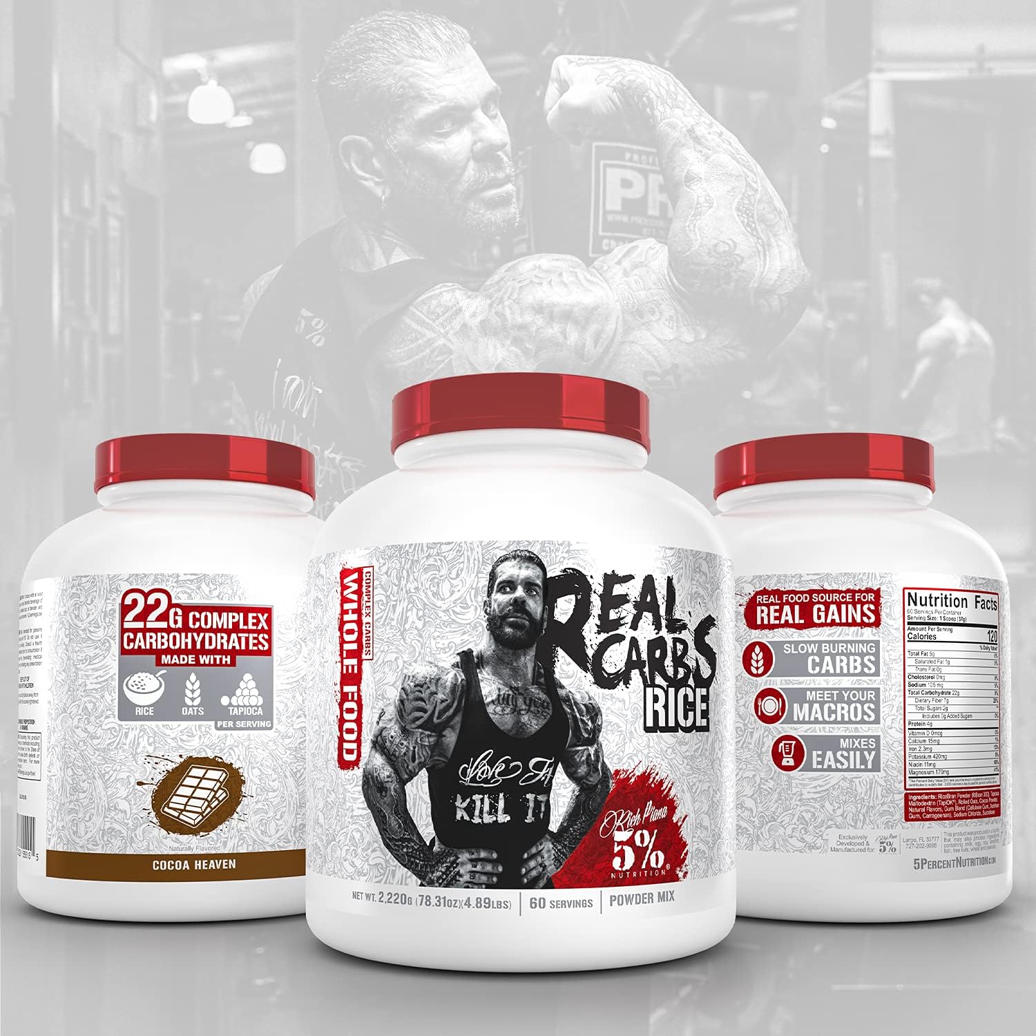 5% Nutrition Rich Piana Real Carbs Rice - Complex Carbohydrates for Sustained Energy, 3.5lb, 40 Servings - Cocoa Flavor