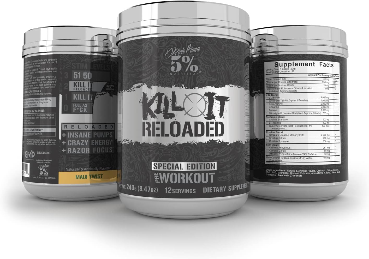 5% Nutrition Rich Piana Reloaded Pre-Workout Supplement for High Energy, Focus, and Endurance - Citrulline, Creatine, and More (Maui Twist)