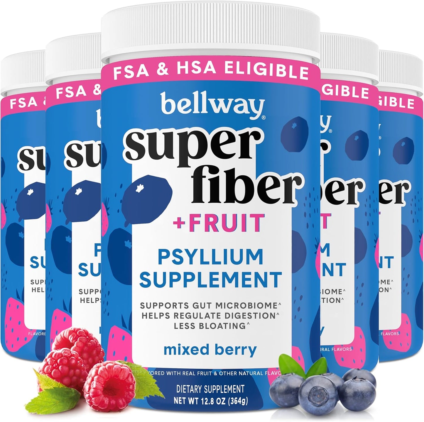 5-Pack Bellway Super Fiber Powder + Fruit, Organic Psyllium Husk Fiber Supplement for Regularity, Bloating Relief & Gut Health, Sugar-Free, Non-GMO, Mixed Berry Flavor - 250 Servings