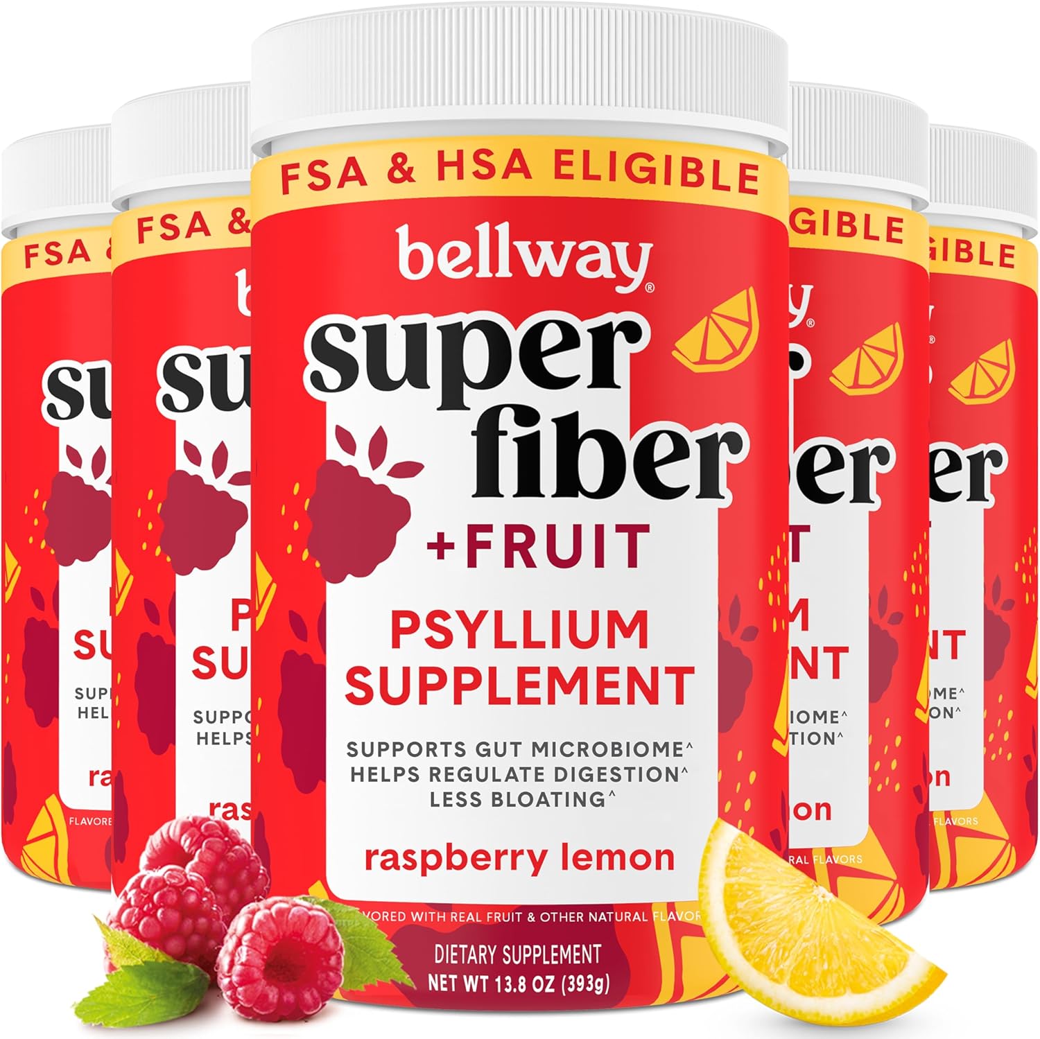 5-Pack Bellway Super Fiber Powder + Fruit: Organic Psyllium Husk Fiber Supplement for Regularity, Bloating Relief & Gut Health - Non-GMO Plant-Based, Sugar-Free Raspberry Lemon Flavor (250 Servings)