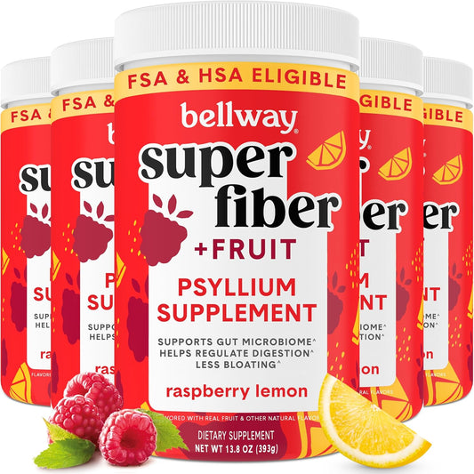 5-Pack Bellway Super Fiber Powder + Fruit: Organic Psyllium Husk Fiber Supplement for Regularity, Bloating Relief & Gut Health - Non-GMO Plant-Based, Sugar-Free Raspberry Lemon Flavor (250 Servings)