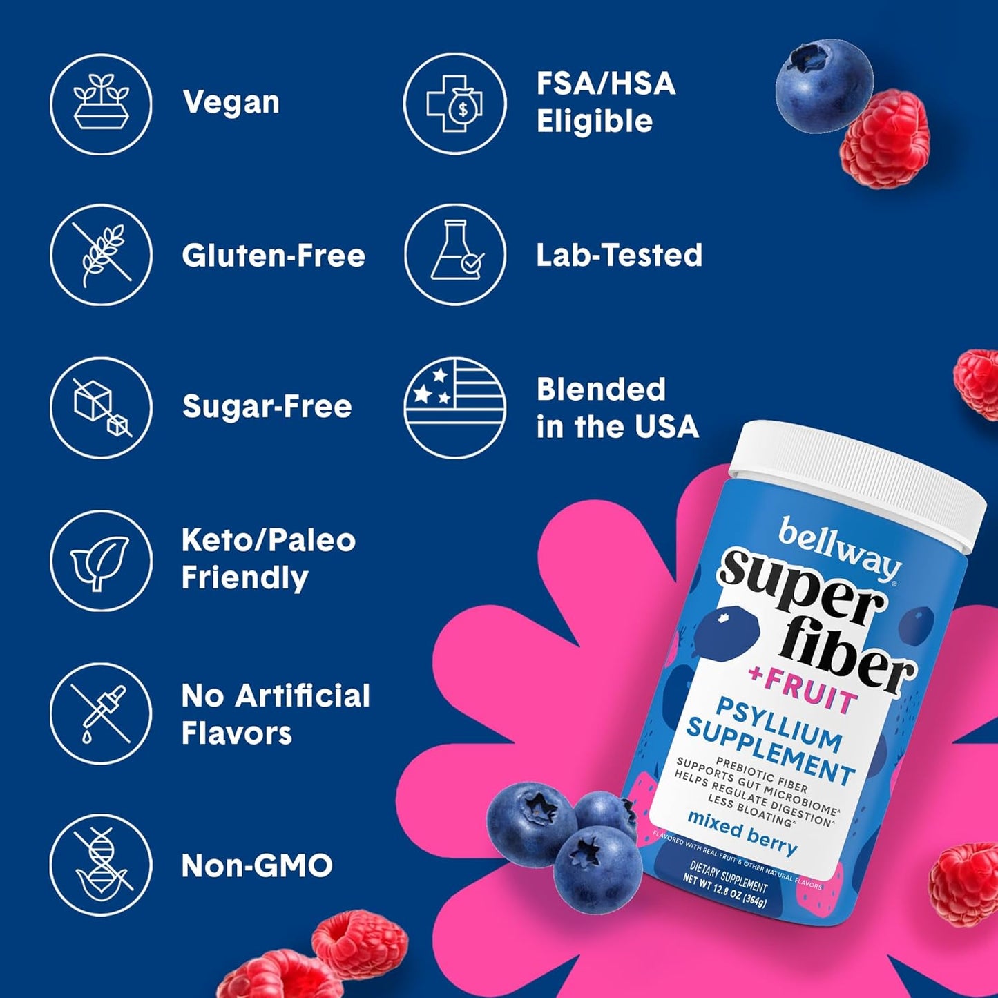 5-Pack Bellway Super Fiber Powder + Fruit, Organic Psyllium Husk Fiber Supplement for Regularity, Bloating Relief & Gut Health, Sugar-Free, Non-GMO, Mixed Berry Flavor - 250 Servings