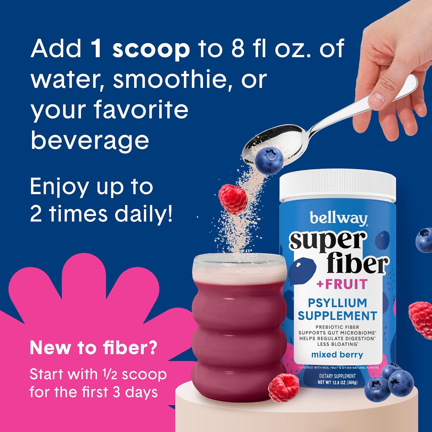 5-Pack Bellway Super Fiber Powder + Fruit, Organic Psyllium Husk Fiber Supplement for Regularity, Bloating Relief & Gut Health, Sugar-Free, Non-GMO, Mixed Berry Flavor - 250 Servings
