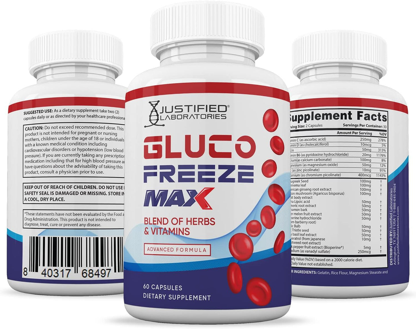 5 Pack Glucofreeze Max Advanced Formula 1295MG 300 Capsules by Justified Laboratories
