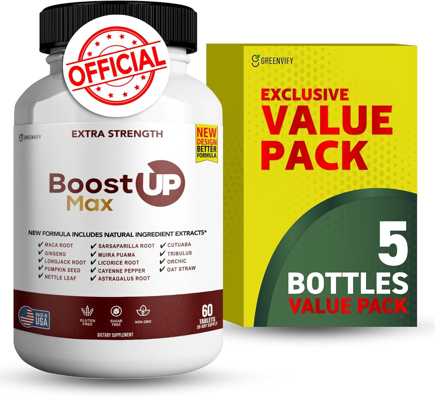 5 Pack of GREENVIFY Boost Up Max Male Health Supplement with Calcium, Zinc & Proprietary Blend - 300 Capsules for Vitality & Strength