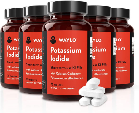 5 Pack of Waylo Potassium Iodide Tablets with Calcium Carbonate - 130 mg per Serving, 375 Tablets in Total