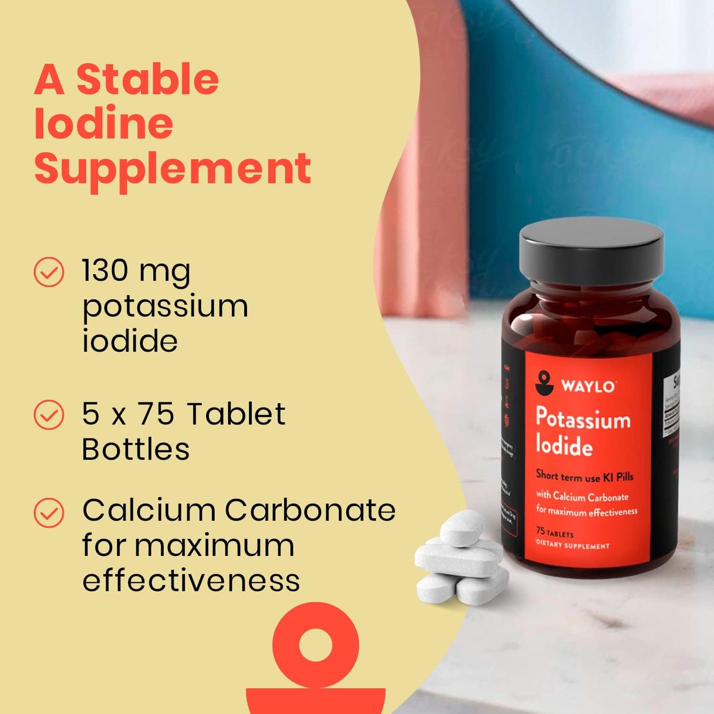 5 Pack of Waylo Potassium Iodide Tablets with Calcium Carbonate - 130 mg per Serving, 375 Tablets in Total