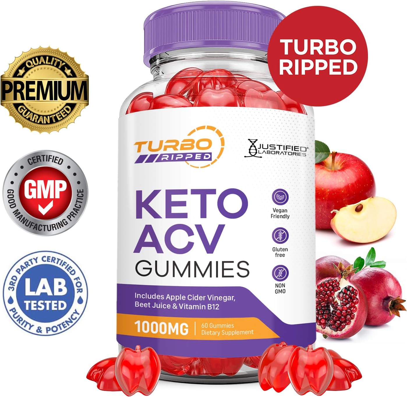 5 Pack Turbo Ripped Keto ACV Gummies - 1000MG Advanced Formula with Pomegranate & B12 - Vegan & Non GMO (300 Gummys)