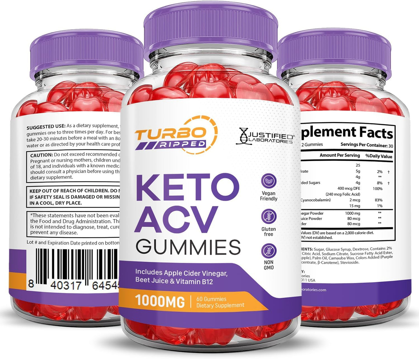 5 Pack Turbo Ripped Keto ACV Gummies - 1000MG Advanced Formula with Pomegranate & B12 - Vegan & Non GMO (300 Gummys)