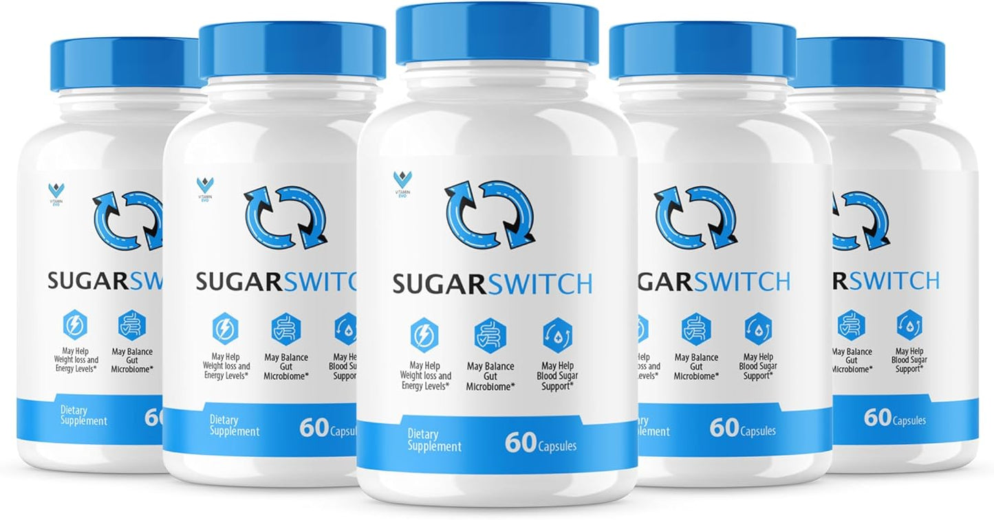 5 Pack Vitamin Evo SugarSwitch Capsules - Official All-Natural Blood Formula for Healthy Sugar Levels - 300 Capsules, 5 Month Supply, SugarSwitch 24 Supplement