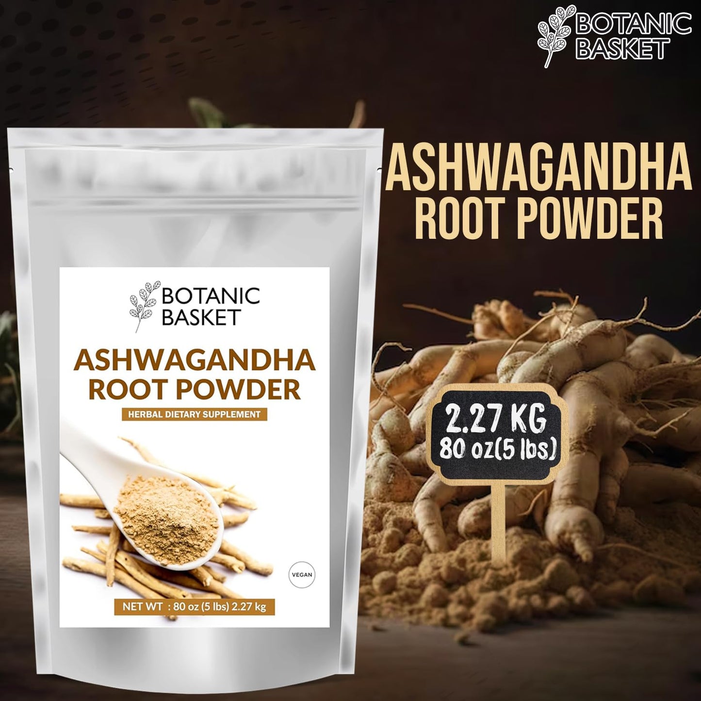 5 Pound Botanic Basket Ashwagandha Root Powder - Pure, No Fillers, No Additives - High Withanolides, Non-GMO, Gluten-Free