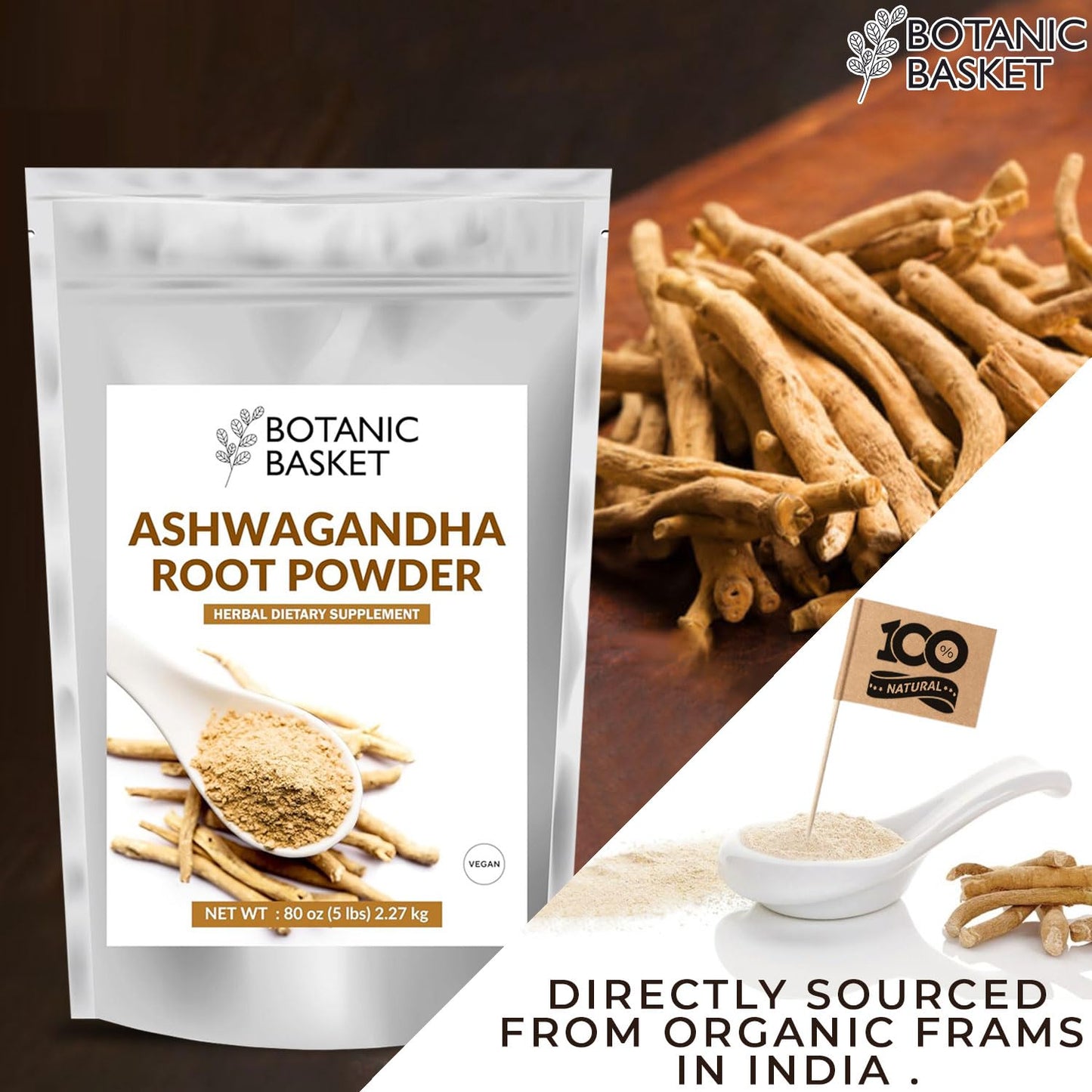 5 Pound Botanic Basket Ashwagandha Root Powder - Pure, No Fillers, No Additives - High Withanolides, Non-GMO, Gluten-Free
