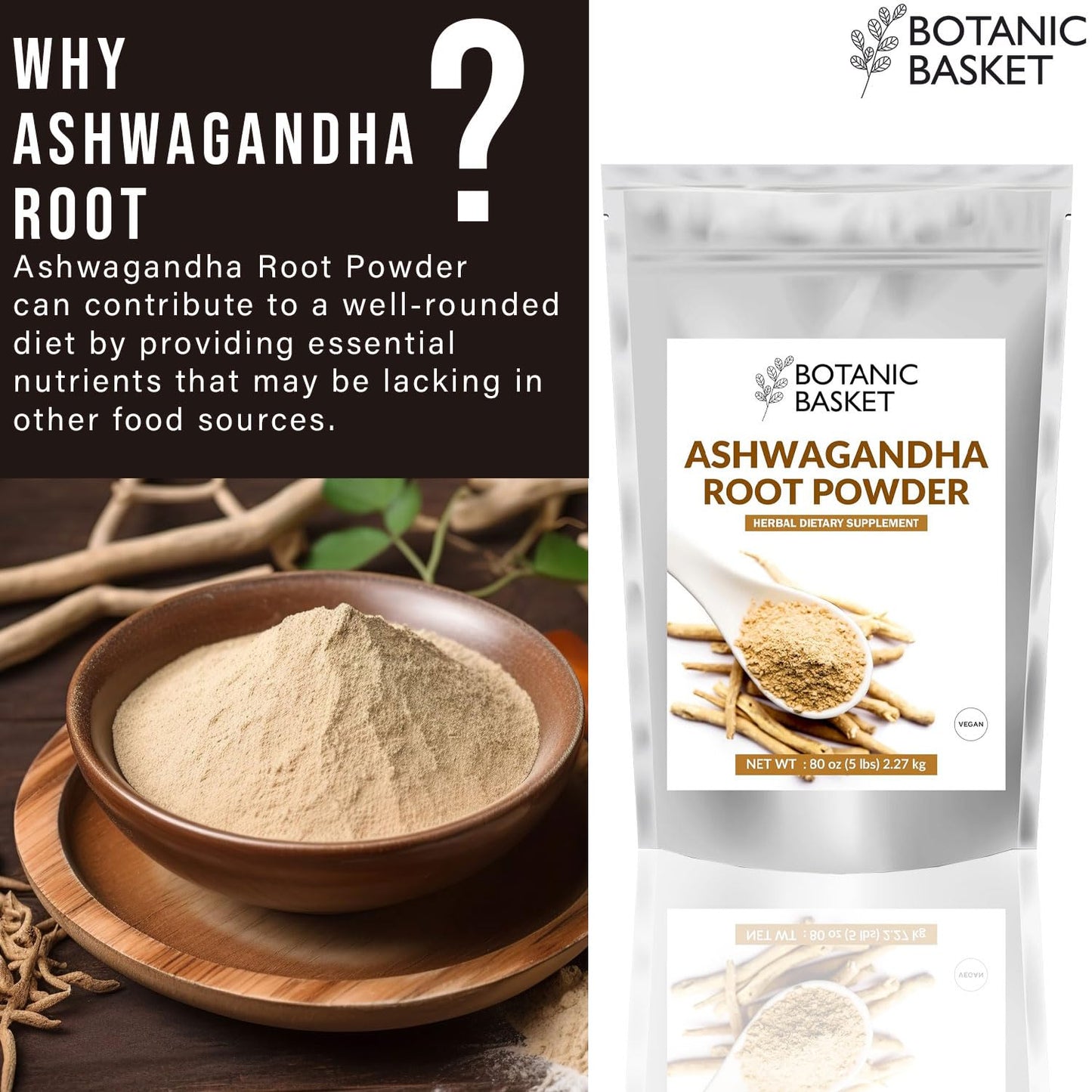 5 Pound Botanic Basket Ashwagandha Root Powder - Pure, No Fillers, No Additives - High Withanolides, Non-GMO, Gluten-Free