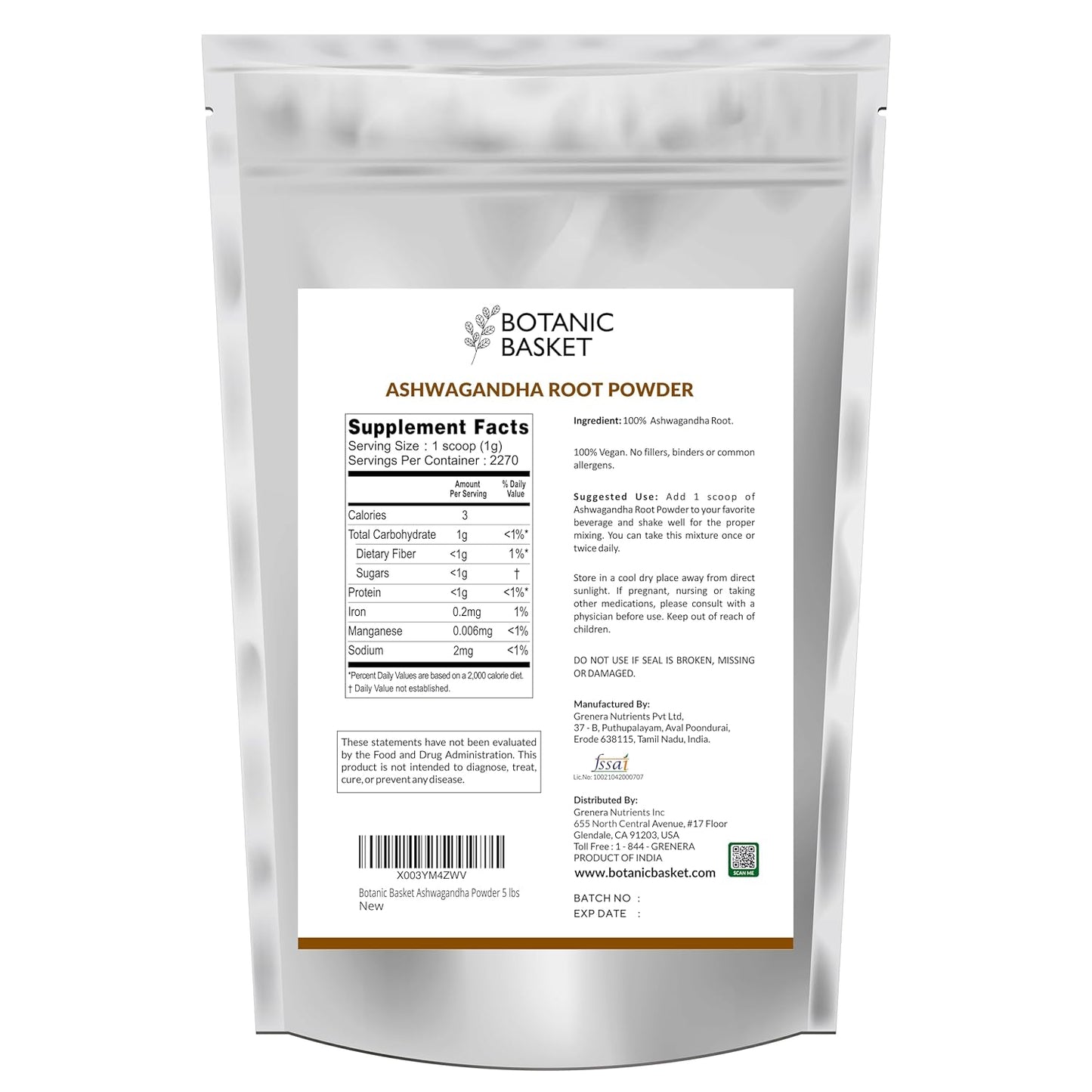 5 Pound Botanic Basket Ashwagandha Root Powder - Pure, No Fillers, No Additives - High Withanolides, Non-GMO, Gluten-Free