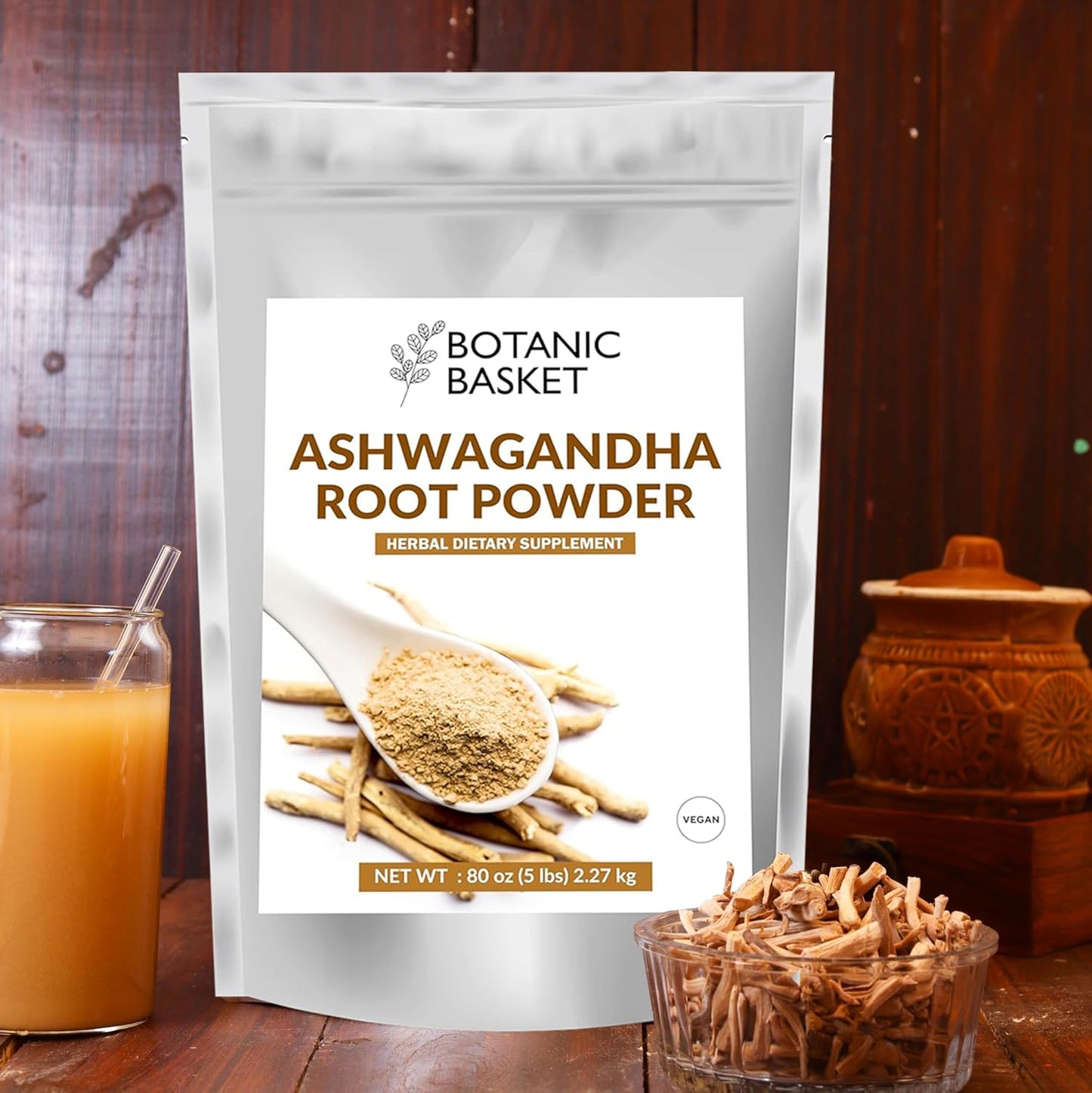 5 Pound Botanic Basket Ashwagandha Root Powder - Pure, No Fillers, No Additives - High Withanolides, Non-GMO, Gluten-Free