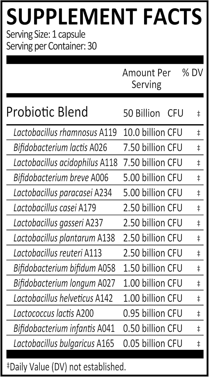 50 Billion CFU Probiotic Capsules for Daily Gut Health - 30 Count, Soy Free, Gluten Free, Vegan