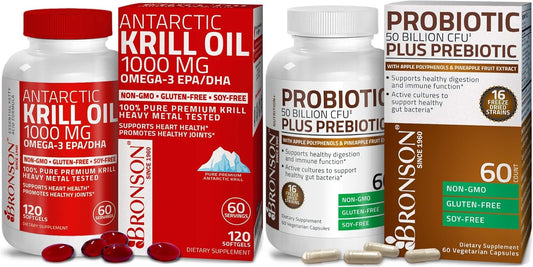 50 Billion CFU Probiotic with Prebiotic, Apple Polyphenols, Pineapple Extract & Antarctic Krill Oil 1000 mg Omega-3s EPA DHA