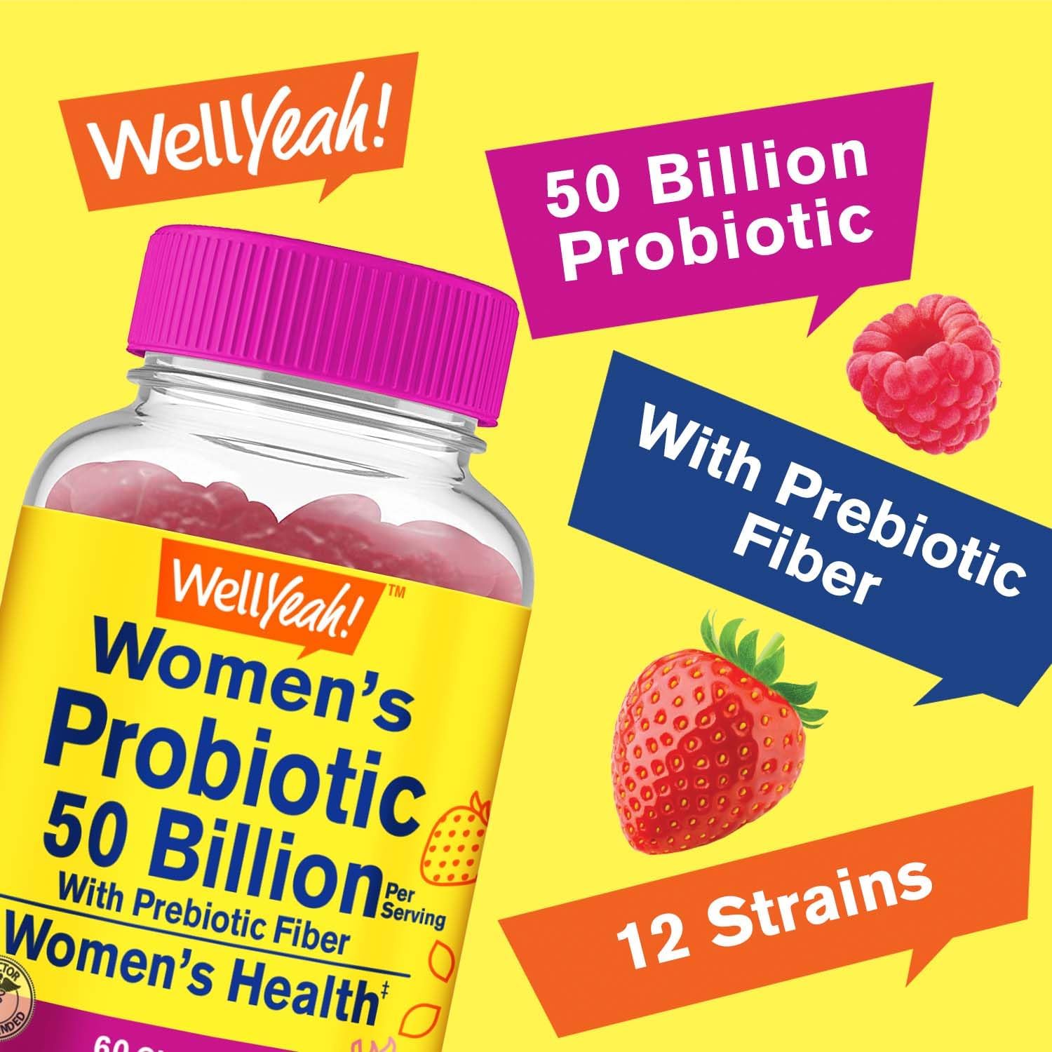 50 Billion Probiotic Gummies for Women - 12 Strains with Prebiotic Fiber - Supports Digestive, Vaginal, Immune Health - Shelf Stable - 60 Gummies