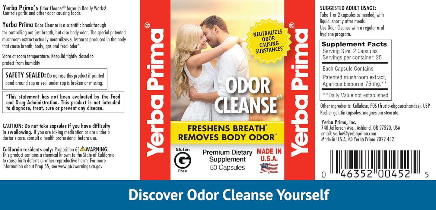 50 Capsules of Yerba Prima Odor Cleanse with Premium Extract for Effective Odor Control
