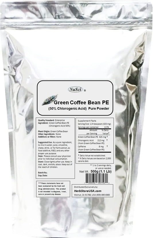 50% Chlorogenic Acid Green Coffee Bean Extract Powder - 500g (1.1 lb) by NuSci