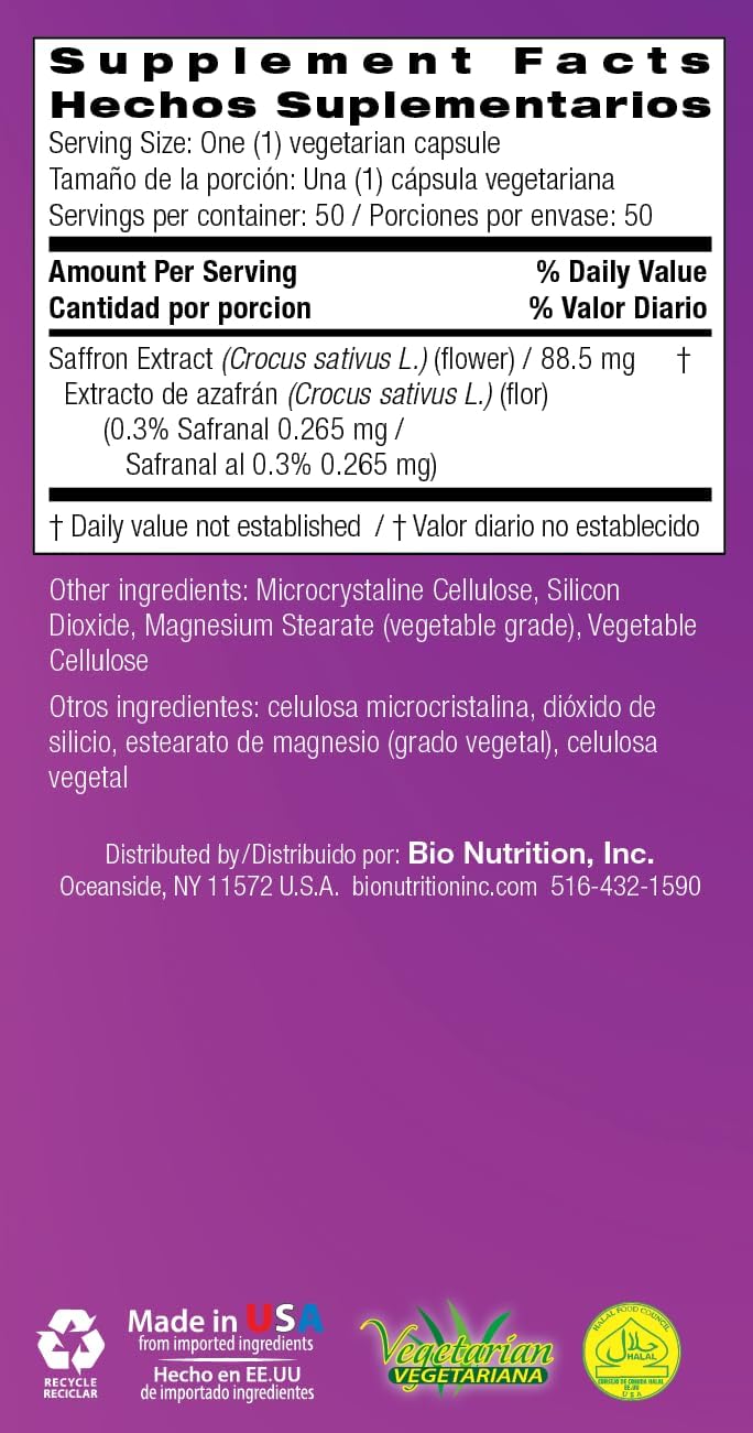 50 Count Bio Nutrition Saffron Vegi-Capsules, Standardized Formula