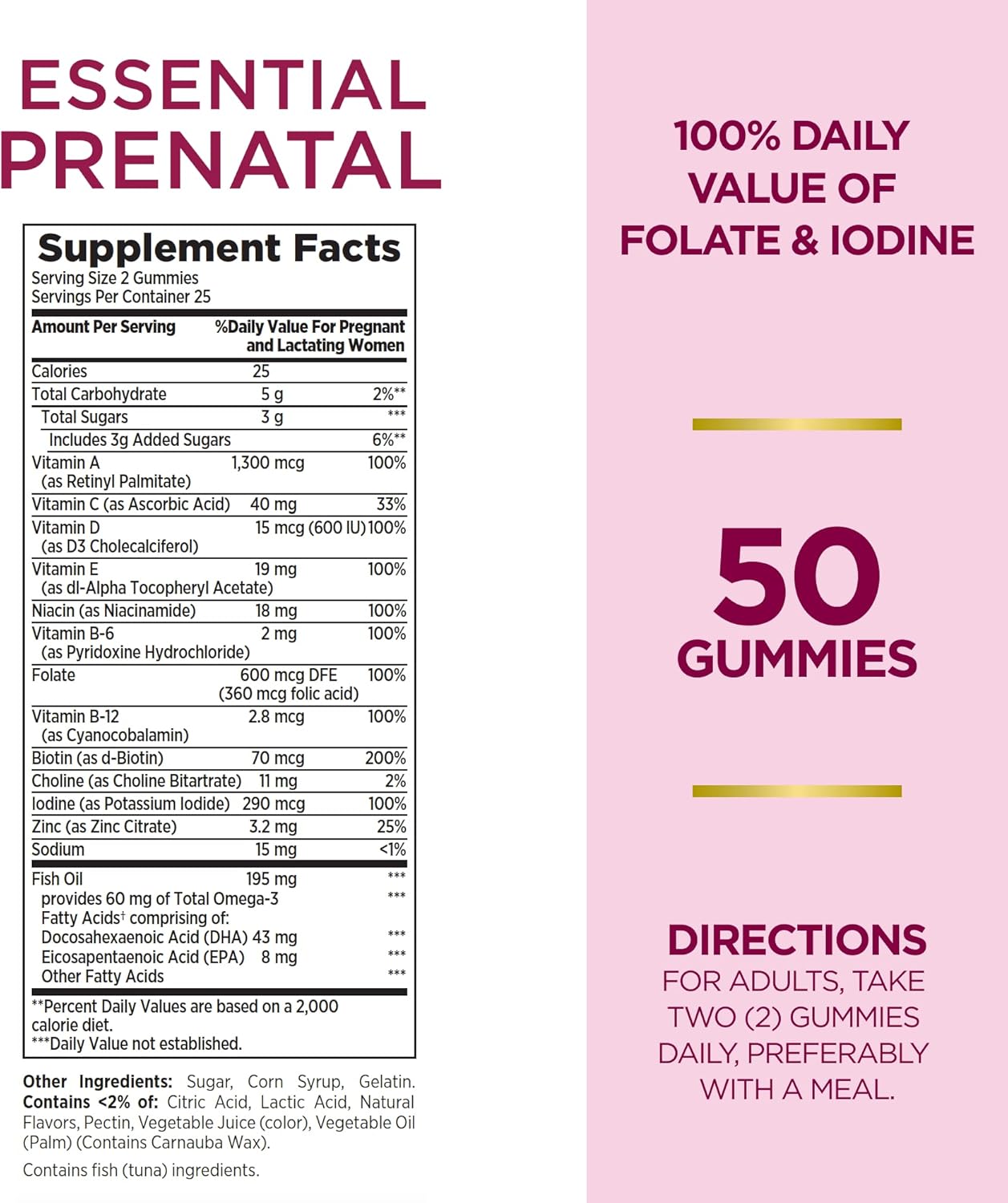50 Count Nature's Bounty Optimal Solutions Essential Prenatal Gummies